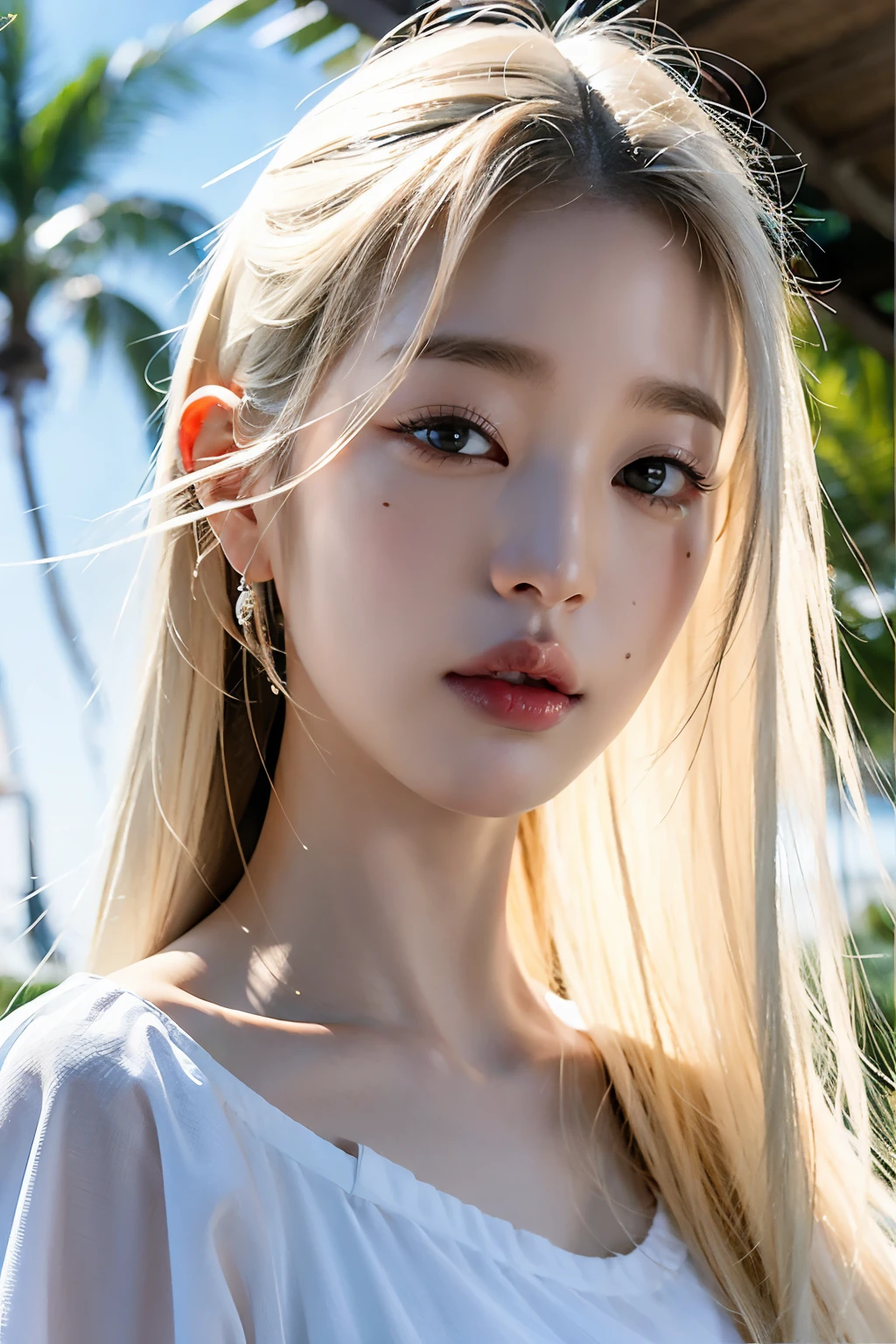 melhor qualidade, obra de arte, ultra high resolution, (fotorrealista:1.4), foto crua, 1 garota, olhando para o espectador, Cabelo loiro extremamente claro, Pale skin, olhos azuis da cor do oceano, kpop idol, cabelo loiro