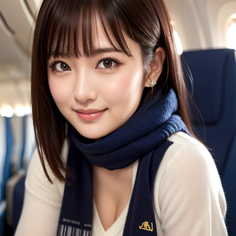 (Realistic:1.3), In detail, quality, Rembrandt Lighting, (masterpiece:1.2), (photoRealistic:1.2), (best quality), (Detailed skin:1.3), (Intricate details), dramatic, Ray Tracing, One girl, Japanese Girls,31 years old,cute、若い顔 Detailed skin texture, (blush:0.5), smile, Medium chest, Bob Hair,Even bangs, ANA Uniforms, Gray Uniform, (Blue Shirt:1.2), (Blue neck scarf:1.3), whole body, (Brightly lit, airplane cabin),