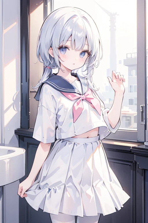 , (Masterpiece, Slim Body, Delicate Fingers: 1.2), Best Quality, (Illustration: 1.2), (Hyper Detail), Eye Focus, Ultra Detail, (Fine Detail), (Intricate Detail), HDR, (Ultra Detail: 1.15), (Soft Light: 1.2), (1 girls), Inside the classroom, Wear, ((School_uniform), (sailor_suit), (short_blue_pleated_skirt), (white_pantyhose:1.2) long sleeve shirt, (blushing:1.3) (White_hair with blue highlights),cyan eyes, teenager, embarrassed facemedium, short hair, solo, multicolored hair, ahoge, flat chest, mismatched pupils, multicolored eyes, high quality, best quality, full body image, (Navel Ejection:0.8)