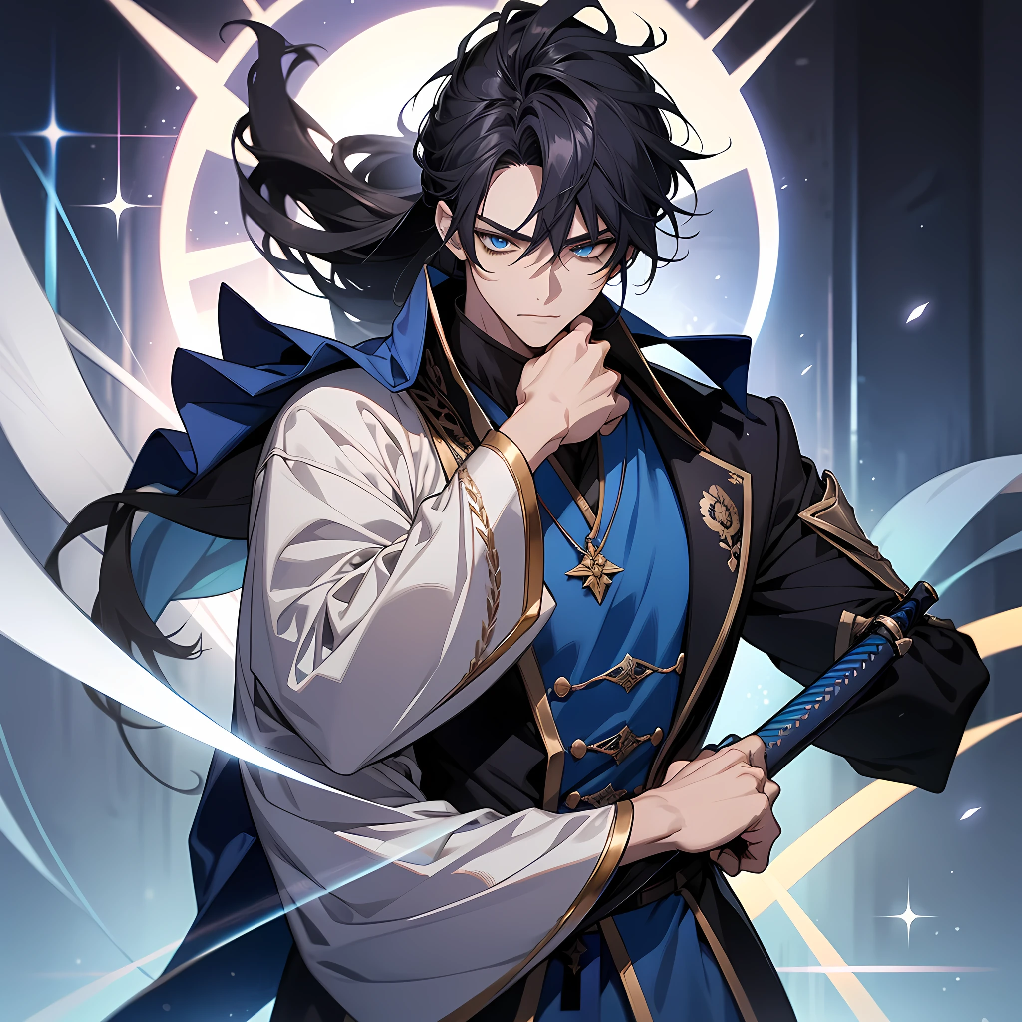 quadratic element,style of anime,mtu(Male Warrior),The proportions are correct,Face details,swordsmen,High ponytail hairstyle,Neck details,Blue suit,kaftan,long blue robes,clothes details,Handing over,longer sleeves,Swordsmanship,Light and shadow tracking,Ray traching,detailed glow,cg render,hair detail,Black long hair,blue colored eyes,Handsome,Handsome,(juvenile sense),Clothing is complicated,Perfectcomposition,Refinement,high qulity,higher details,Lots of details,The background is complex,a sense of atmosphere,