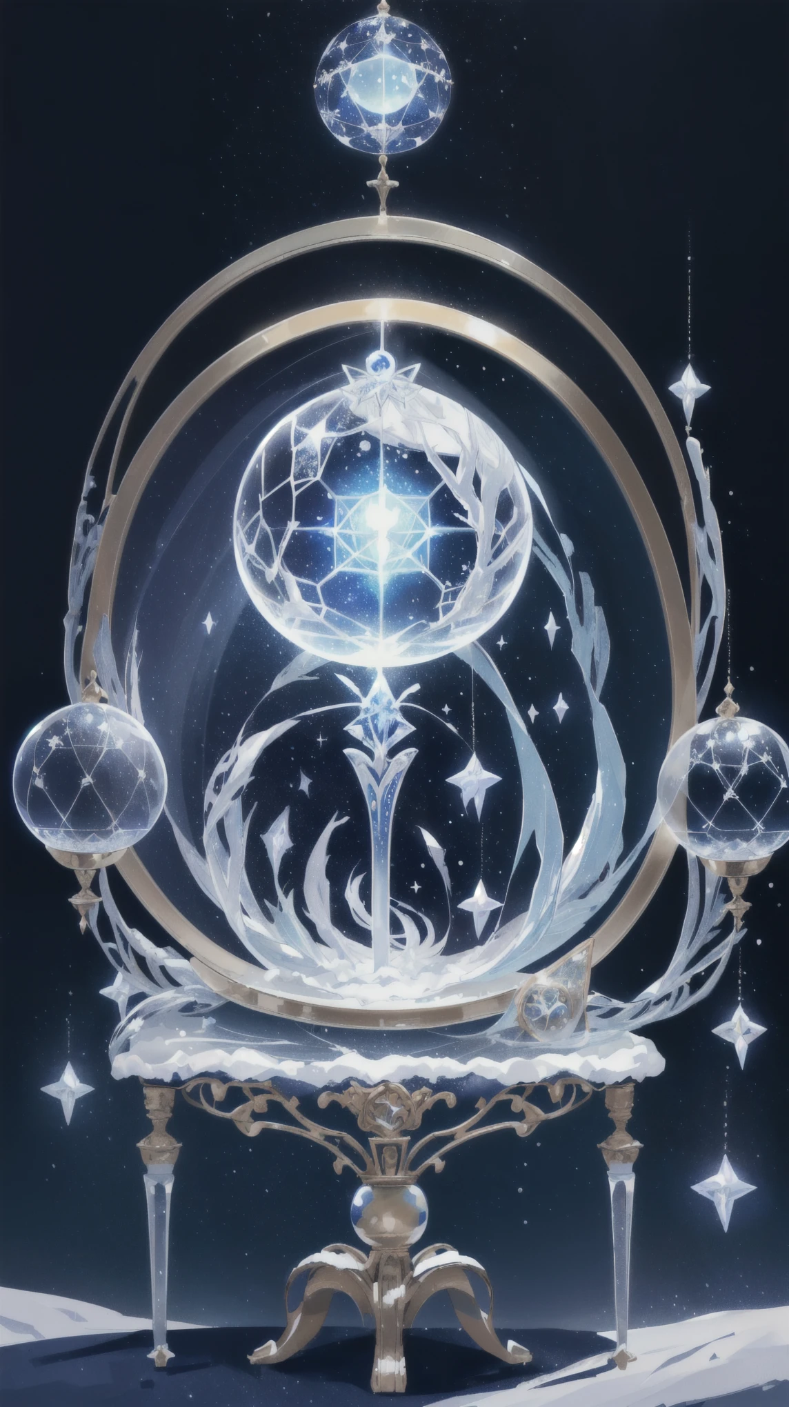 there is a Snow Globe with a star in it on a table, Crystal Ball, Snow Globe, Snow Globe, Orb of Truth, Eternal sphere, Dream Sphere, High resolution + Tarot Cards, Sphere of Time, Infinite Crystal Rise, Frost Gem, ice spell, Magical Frozen Phoenix Egg, Infinite Celestial Library, Background artwork