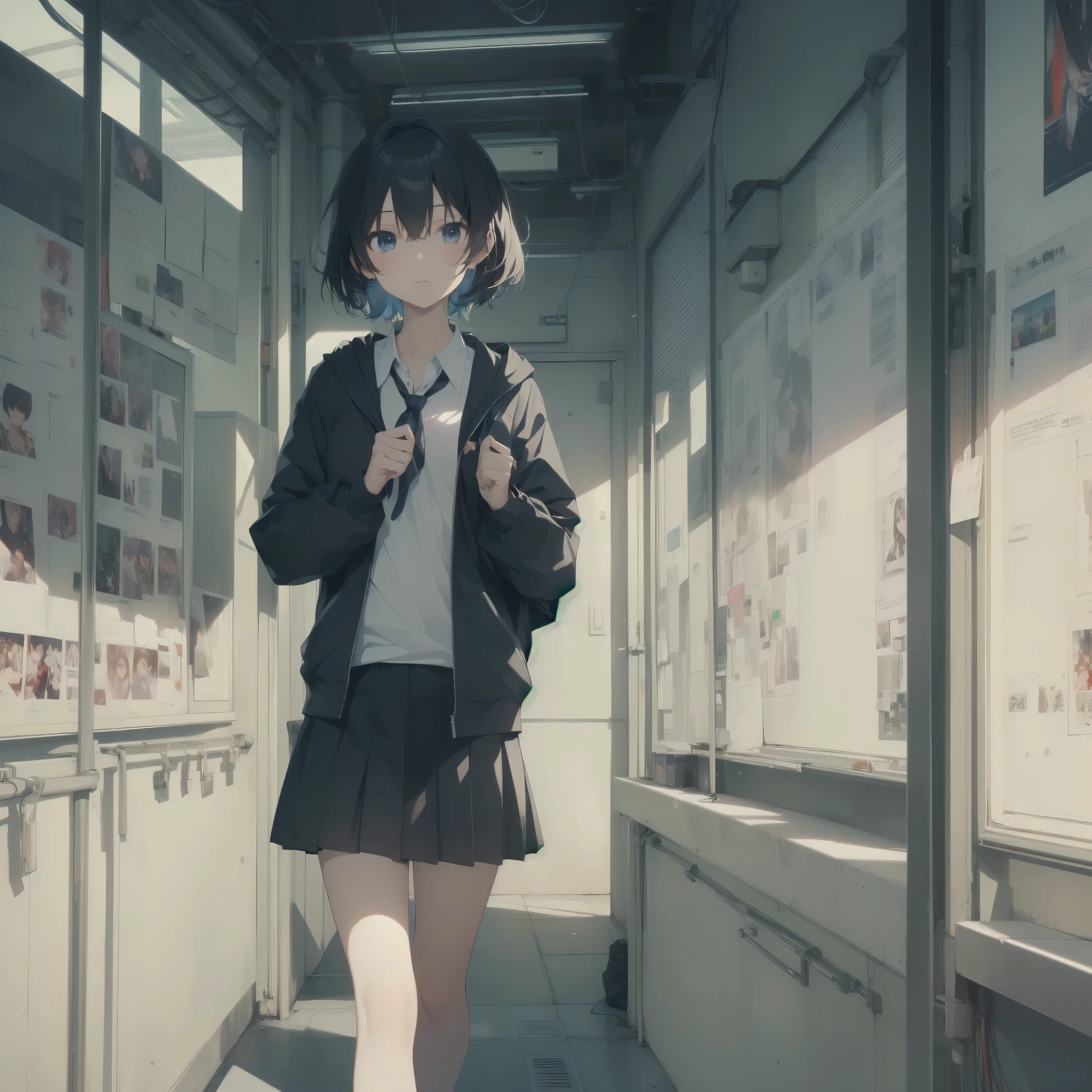 ultra-absurdres-Top quality by artist God, ultra-detailed, high resolution, anime moe artstyle, best anime 8k konachan wallpaper, pixiv contest winner, pool:2810, perfect anatomy,break, 1girl, (Please draw a girl walking sleepily to school alone. )break,(Solo,little female, 13-year-old:1.3),Full limbs, complete fingers,a junior high school student, (very short hair), short cut, flat chest, , small butt, small black eyes, beautiful detailed eyes, well-proportioned iris and pupils, expressive eyes, highres detailed hair, soft expression, school_uniform, bowtie, collared shirt. pleated skirt,(Detailed Lighting), (Detailed background), in the School commute route. break,super detailed skin, Best cinematic lighting powered by famous artist, 8k,beauty illustration,photoshop_(medium),very aesthetic,break,((artist:ningen mame )), artist:bolze ,artist:oyari ashito ,artist:kantoku ,