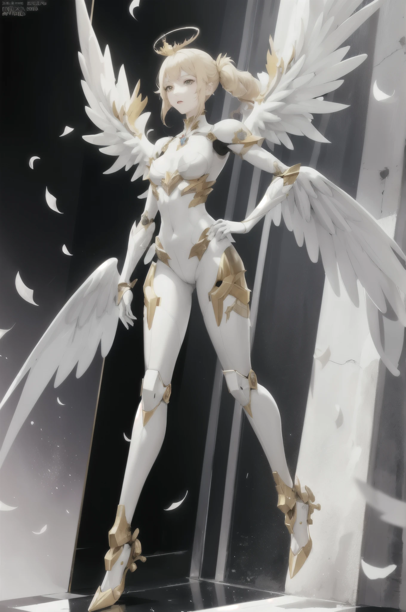 full body, divine girl, dynamic pose, slim figure, mechangel, mecha wings, halo, crown, lush blonde hair, ([matte white plastic:shiny golden:0.6] armor:1.1), luxury clothing, broken city, dancing petals, sacred signs, pastel colors, maximum details 