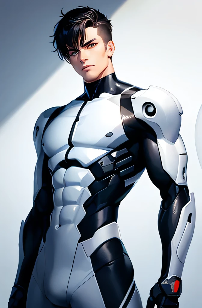 cyborg　Machine Body　White body 　Full body white muscular sensual sexymale robot muscla　A handsome man with black hair and a mechanical face looking at the camera