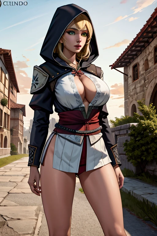 1 chica, alone, young girl, joven, Стиль Assassin's Creed, ropa corta, poca ropa, botas hasta la rodilla, Pulseras en las piernas, Ciudad medieval al fondo, Renacimiento, muy detallado, Realistic long-term photography., 4k, ropa, poca ropa, pelo largo, long hair, pelo rubio, blonde hair, ojos verdes, green eyes, pechos grandes, pechos, big breast, breasts, hood, capucha,Chica con traje de Assassin's Creed Altair con capucha, hood, Assassin symbol's Creed en la cintura stockigs, medias, white stockings, medias blancas, cum in mouth, cum in face, semen, fellatio, fellatio gesture,
