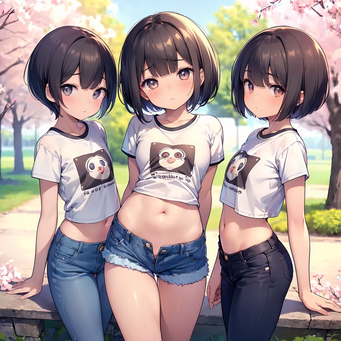 Super detailed, Best Quality, High resolution, Moe Anime, (((Wearing a cropped T-shirt and denim shorts, Three cute girls with dark hair)))), (Baby Face), ((Big eyes:1.5, Droopy eyes:1.5)), Pretty eyes, View your viewers, Light skin, Focus on the face, (Flat Chest:1.5), Belly button, In the park with cherry blossoms falling, Knee-high boots, (Short Hair:1.5), (Put your arms behind your back:1.4), Slightly below