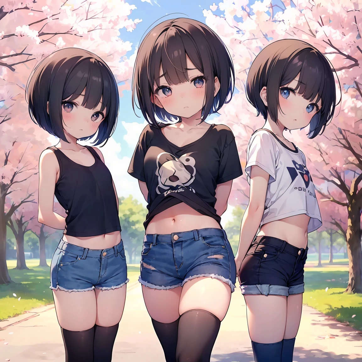 Super detailed, Best Quality, High resolution, Moe Anime, (((Wearing a cropped T-shirt and denim shorts, Three cute girls with dark hair)))), (Baby Face), ((Big eyes:1.5, Droopy eyes:1.5)), Pretty eyes, View your viewers, Light skin, Focus on the face, (Flat Chest:1.5), Belly button, In the park with cherry blossoms falling, Knee-high boots, (Short Hair:1.5), (Put your arms behind your back:1.4), Slightly below