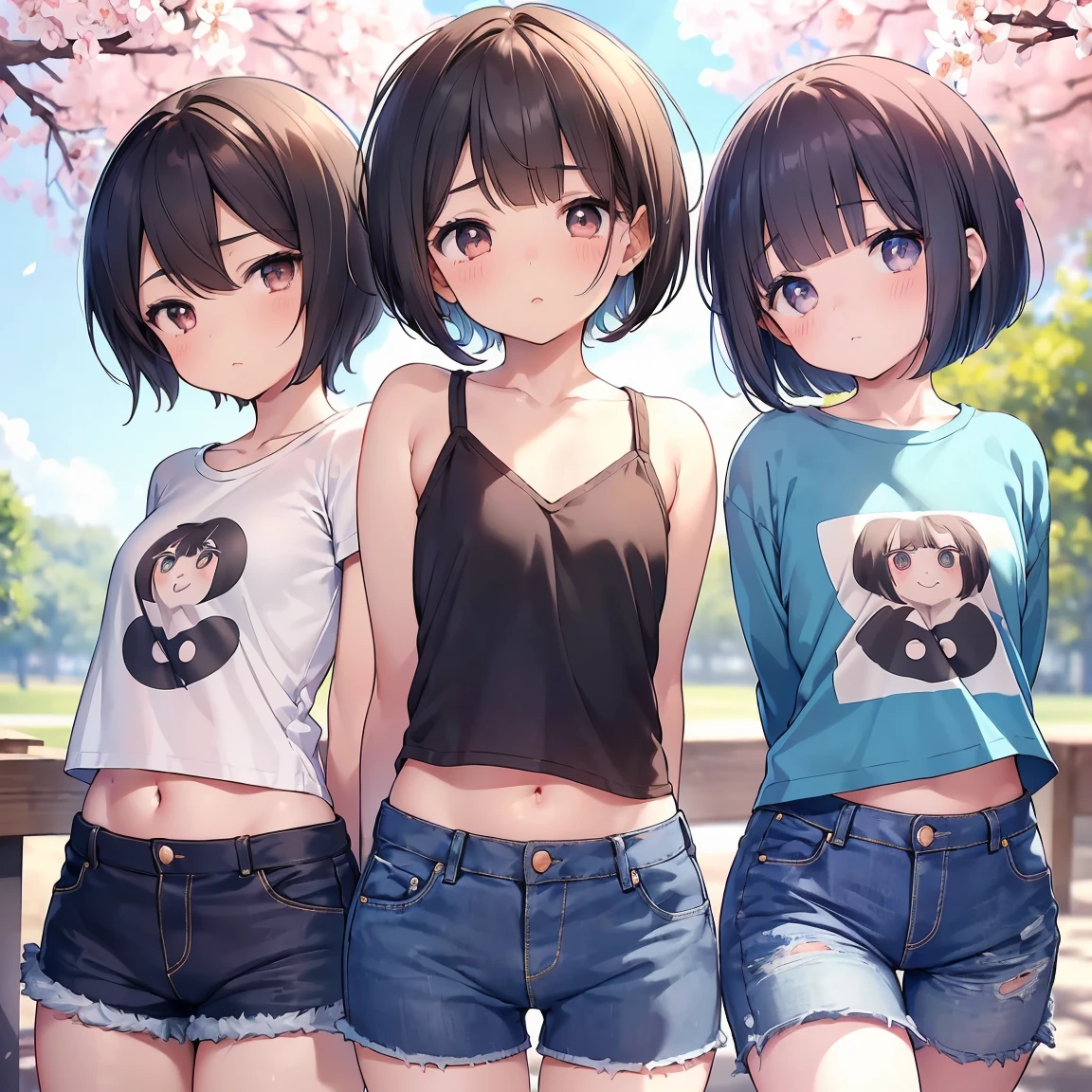 Super detailed, Best Quality, High resolution, Moe Anime, (((Wearing a cropped T-shirt and denim shorts, Three cute girls with dark hair)))), (Baby Face), ((Big eyes:1.5, Droopy eyes:1.5)), Pretty eyes, View your viewers, Light skin, Focus on the face, (Flat Chest:1.5), Belly button, In the park with cherry blossoms falling, Knee-high boots, (Short Hair:1.5), (Put your arms behind your back:1.4), Slightly below