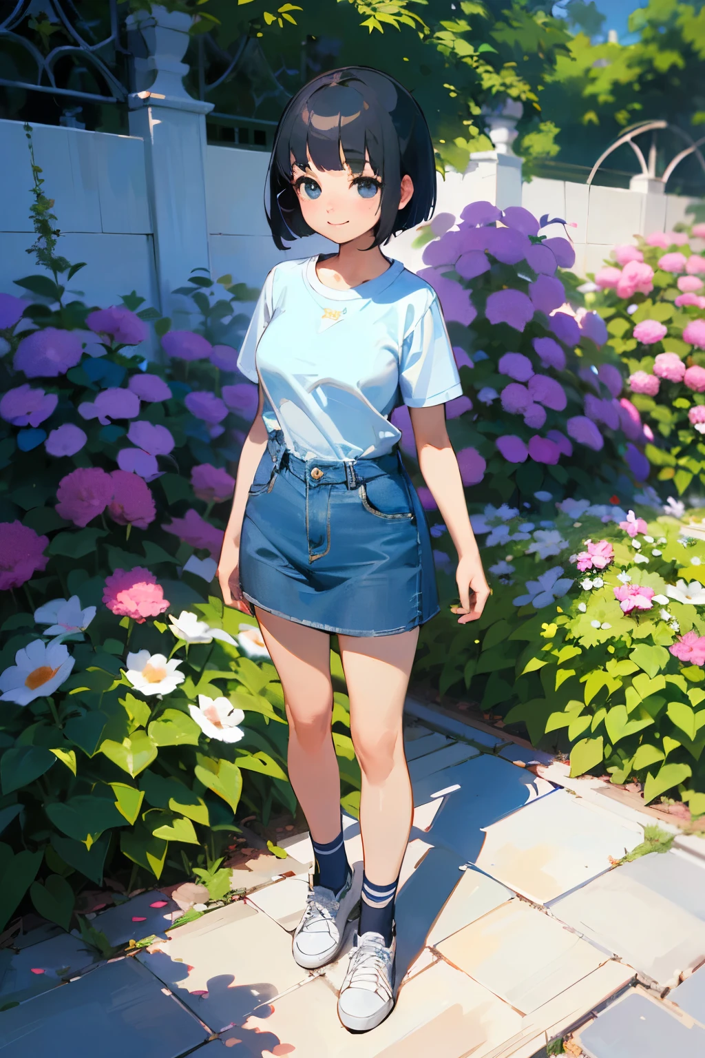 (high quality, High resolution, Very detailed, reality:1.37), Peaceful atmosphere, (Outdoor, garden), teenage girl standing alone, (my breasts are big.), Beautiful detail features, Cute Smile, (Black bob hair), Short sleeve shirt, Denim skirt, Blue socks, sneakers.