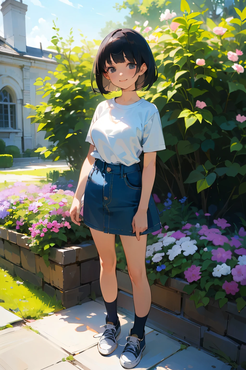 (high quality, High resolution, Very detailed, reality:1.37), Peaceful atmosphere, (Outdoor, garden), girl standing alone, (my breasts are big.), Beautiful detail features, Cute Smile, (Black bob hair), Short sleeve shirt, Denim skirt, Blue socks, sneakers.