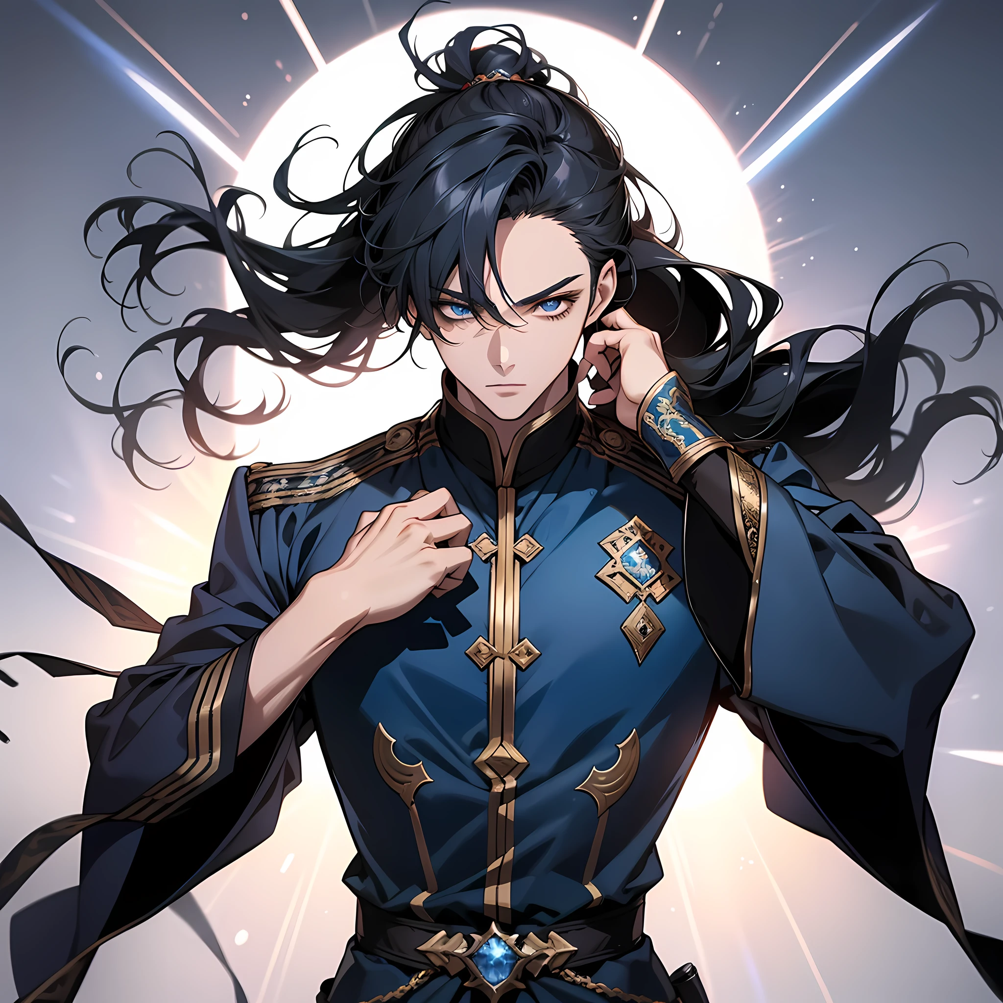 quadratic element,style of anime,mtu(Male Warrior),The proportions are correct,Face details,swordsmen,High ponytail hairstyle,Neck details,Blue suit,kaftan,long blue robes,clothes details,Handing over,longer sleeves,Swordsmanship,Light and shadow tracking,Ray traching,detailed glow,cg render,hair detail,Black long hair,blue colored eyes,Handsome,Handsome,(juvenile sense),Clothing is complicated,Perfectcomposition,Refinement,high qulity,higher details,Lots of details,The background is complex,a sense of atmosphere,