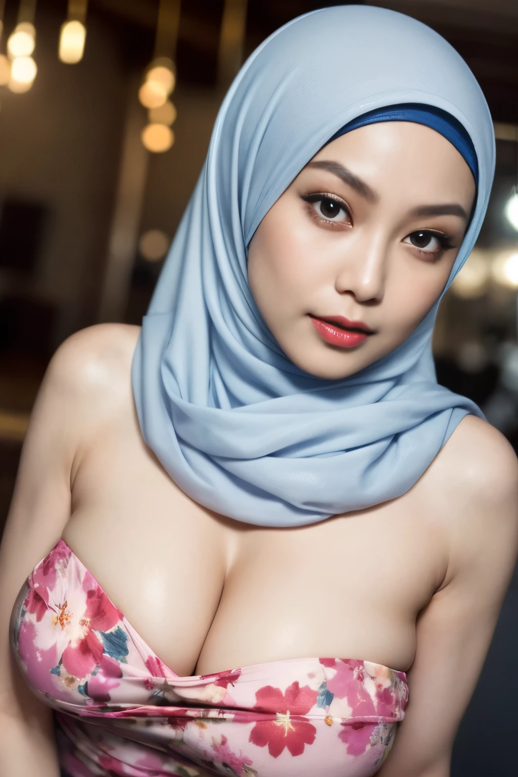 Transparent, ((SHORT HIJAB)), ((Gigantic tits:1)), (dynamic photograph of a 58 year old Indonesian woman), (slim top, cotton panties), (straight non curly hair), (highly detailed face:1.4), (vascular muscles and abs:1.3), (background inside light, bright, private gym:1.1), (8k, uhd, dslr, high quality, cinematic lighting, bokeh), (dramatic, award winning photography, incredible masterpiece:1.3), (((sexy sultry stare at camera:0.8))), ((she is ready to dominate you:0.5)), ((beautiful feminine face)), add_detail:1, ((Colourful strapless floral pattern))