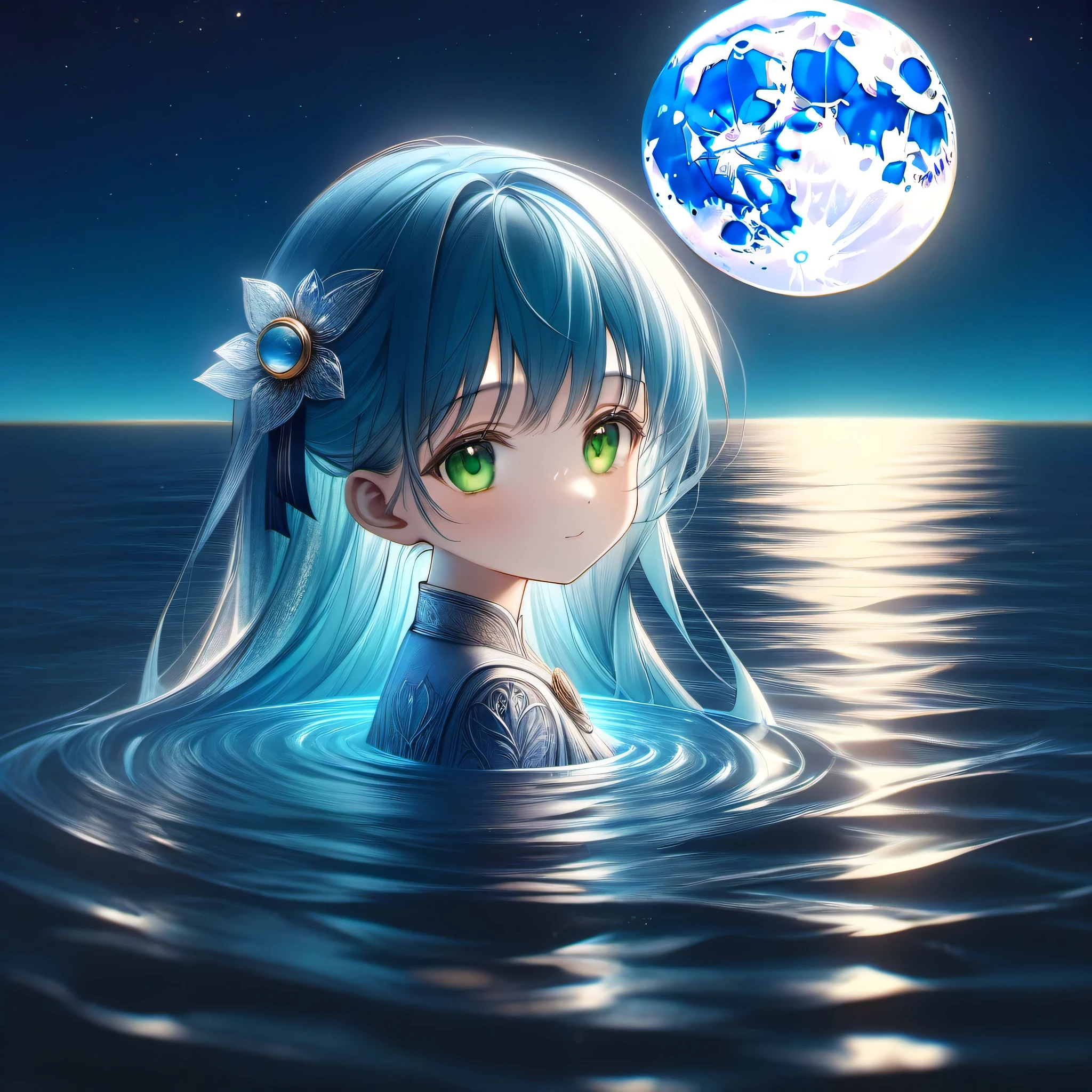one princess standing on water, at night, the young siter taste, pale blue moon, cute face, blue semi-long hair, emerald green eyes, illusory scene, calm, impressive, ((portrait)) ((masterpiece, best quality, ultra-detailed, an extremely delicate and beautiful)), ((photorealism, hyperrealism)), ((extremely detailed CG unity 8k wallpaper)), ((award winning, ccurate, UHD, textured skin, chromatic aberration, perfect anatomy, golden ratio)), (exquisite attention to detail), ((perfect_composition, perfect_design, perfect_layout, perfect_detail, ultra_detailed)), ((aesthetic harmony)), ((aesthetic style))