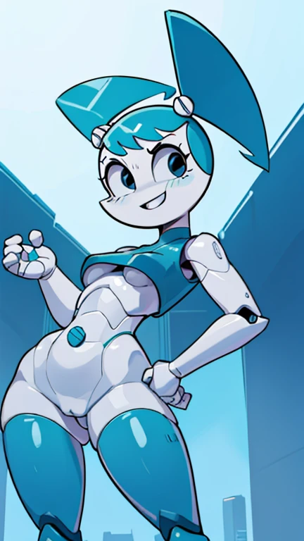 High quality portrait of Jenny Wakeman fighting aliens in a futuristic city. HORA DO DIA. sorriso pretensioso. robot body, robot joints. Parafuso azul no umbigo, bunda grande