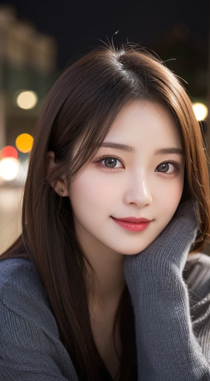 table top, highest quality, shape, Super detailed, finely, High resolution, 8k wallpaper, Perfect dynamic shape, beautiful and detailed eyes, elegant winter clothes,medium hair,small breasts natural color lip, bold sexy pose,smile、20 year old girl、cute、Sexy looking at camera,night,beautiful and detailed face,elegant face,perfect and beautiful face,Slim face and body,spread your arms wide、background blur