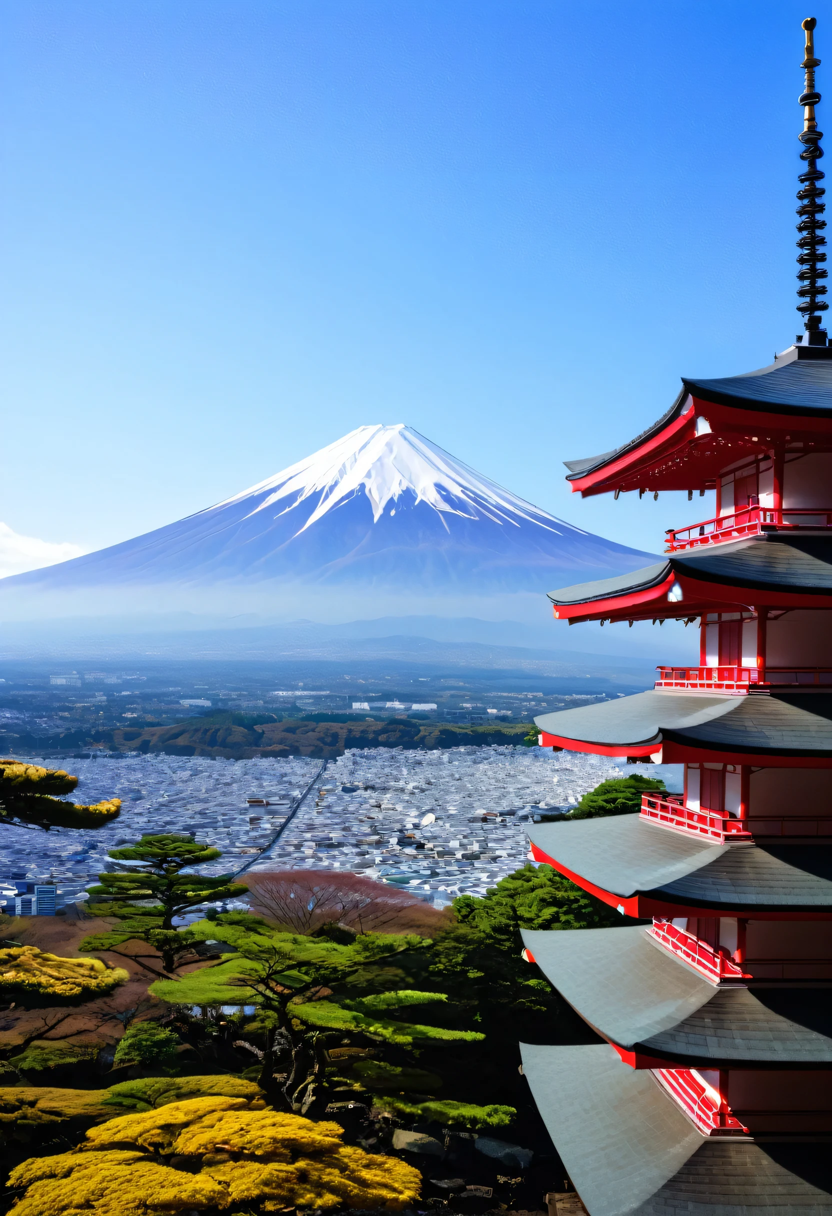 Arafaed Pagoda and the view of the city, mount Fuji Mountain in the background, Japanese Templess, Japan Tourism, Japan Travel and Adventure, mount Fuji Mountain on the background, Japan Deeper Journey Exploration, mount Fuji Mountain, Dojo on the mountain, Japan Travel and Tourism, Japanese Temples, Mountains in Japan, Ancient Japanese architecture, Japanese cities, Meters. Fuji Mountain, The aesthetics of travel in Japan