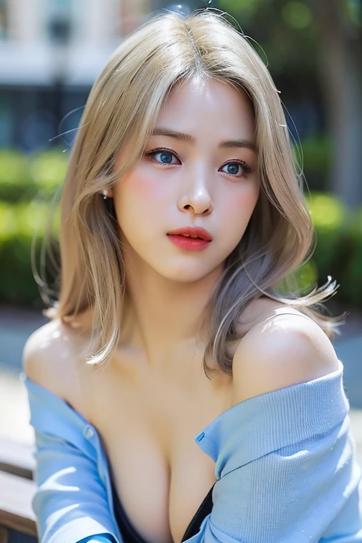 highest quality、masterpiece、超A high resolution、(Photorealistic:1.4)、RAW Photos、One girl、Blonde、blue eyes、Eyes and facial details、((Off the shoulder、Too much exposed skin、Cleavage Emphasis))