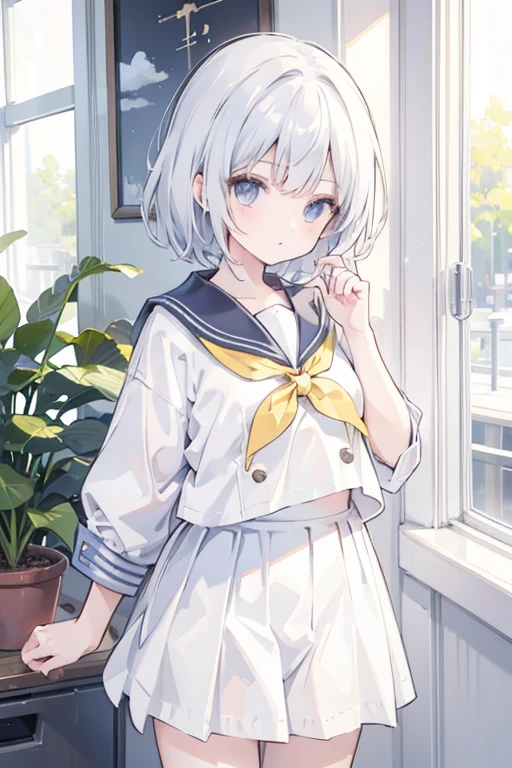 Relatively relaxed background,Short hair that reaches the neck in creamy white,Blue pupils,Two semicircular necklaces with yellow edges and milky breath,Wear the magical school student uniform that combines white and blue,She is a beautiful high school girl anime style, anime style like faay night, clean and meticulous anime style