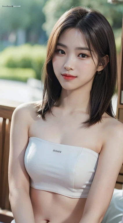 ( Tube top:1.2)、highest quality、highest quality、Realistic、Unity、8k wallpaper、Official Art、Highly detailed CG Unity 8k wallpaper、Very detailed、High resolution、Physically Based Rendering、Very detailed,growing up, finely,1 girl、(Medium Hair)、(smile:1.1)、Slim face、Cute Woman、Very detailedな顔、Fine grain、double eyelid、Kamimei、(Glowing Skin)、(Sunburned skin)、(Realistic Skin)、Blurred Background、(From navel to head)、frontage、Slim face、Morning Park、Professional Lighting、(The light shines on your face:1.5)、The best light,Chest is prominent、((Beautiful belly button、clavicle、Lots of exposure、valley))