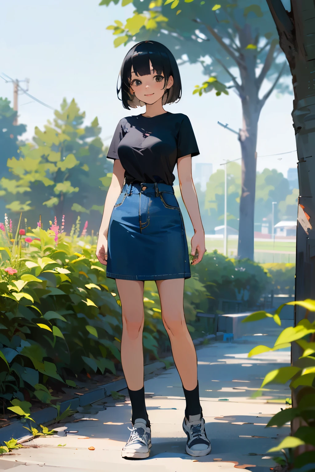 (high quality, High resolution, Very detailed, reality:1.37), Peaceful atmosphere, (Outdoor, garden), teenage girl standing alone, (my breasts are big.), Beautiful detail features, Cute Smile, (Black bob hair), Short sleeve shirt, Denim skirt, Blue socks, sneakers.
