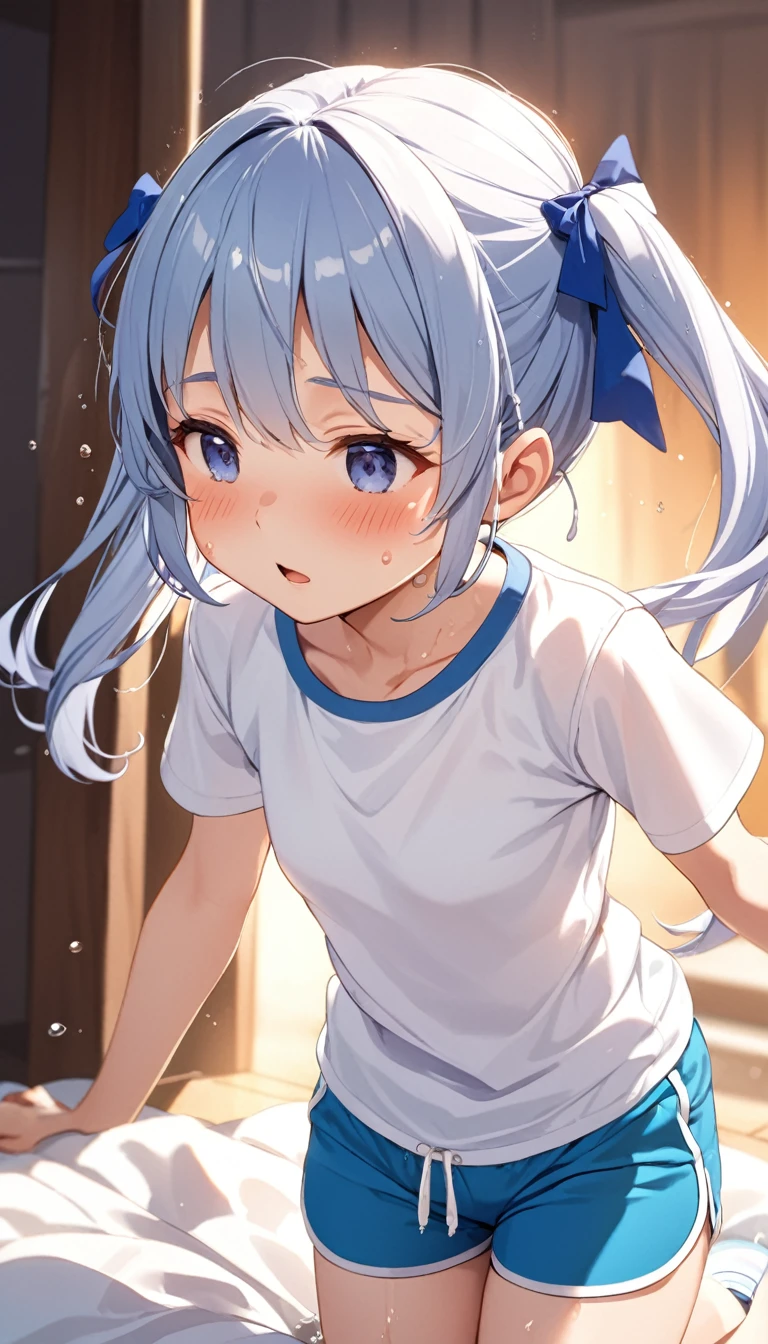 highest quality,1girl,(((()))),orgasm,blush, sweat, Nanoha Takamachi,twintail,hair ribbon,white shirt,dolphin shorts,wet,see through