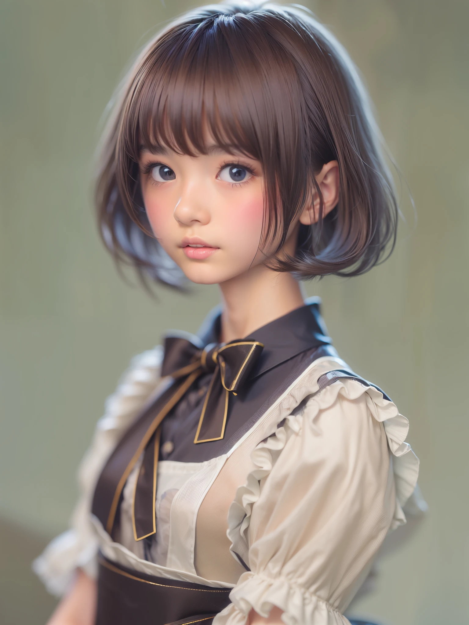 ((sfw: 1.4)), ((sfw, extra short hair, sidelocks-hair, 1Girl)), Ultra High Resolution, (Realistic: 1.4), RAW Photo, Best Quality, (Photorealistic Stick), Focus, Soft Light, ((15 years old)), ((Japanese)), (( (young face))), (surface), (depth of field), masterpiece, (realistic), wearing highly detailed (( maid clothes with frills and ribbon)), bangs, ((1 girl)),(half body image:1.5)