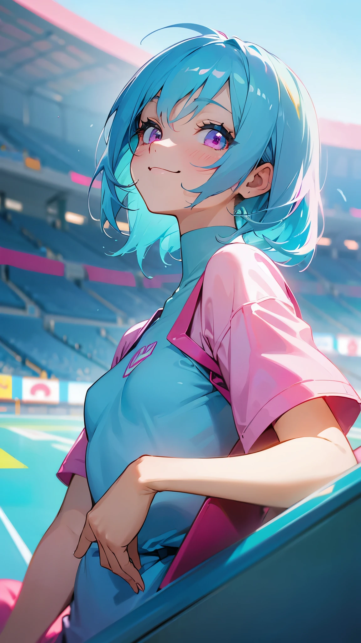 1 girl、anime painting、Light blue hair、Pink Eyes、Small breasts、Vibrant colors、Light blue shirt、Happy smile、smile、From the side、Upper body close-up、Stadium stand seating background