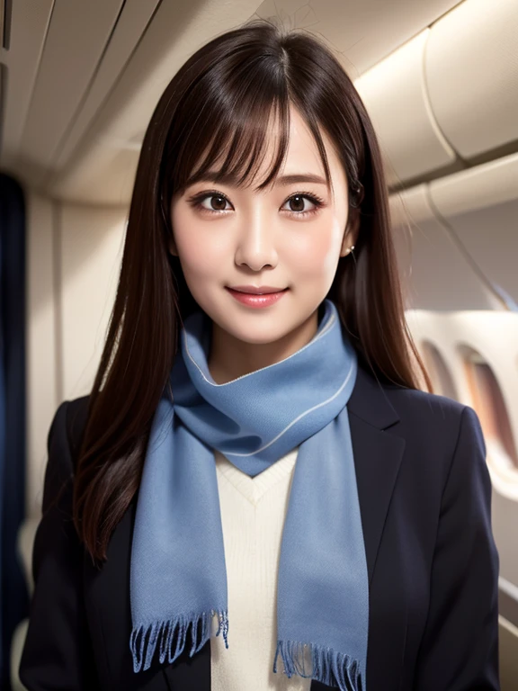 (Realistic:1.3), In detail, quality, Rembrandt Lighting, (masterpiece:1.2), (photoRealistic:1.2), (best quality), (Detailed skin:1.3), (Intricate details), dramatic, Ray Tracing, One girl, Japanese Girls,31 years old,cute、若い顔 Detailed skin texture, (blush:0.5),  smile, Medium chest, Roll Up Hair,Even bangs,  （ANA uniform:1.4）（ANA Uniforms:1.4）, Gray Uniform, (Blue Shirt:1.2), (Blue neck scarf:1.3), whole body, (Brightly lit, airplane cabin),   