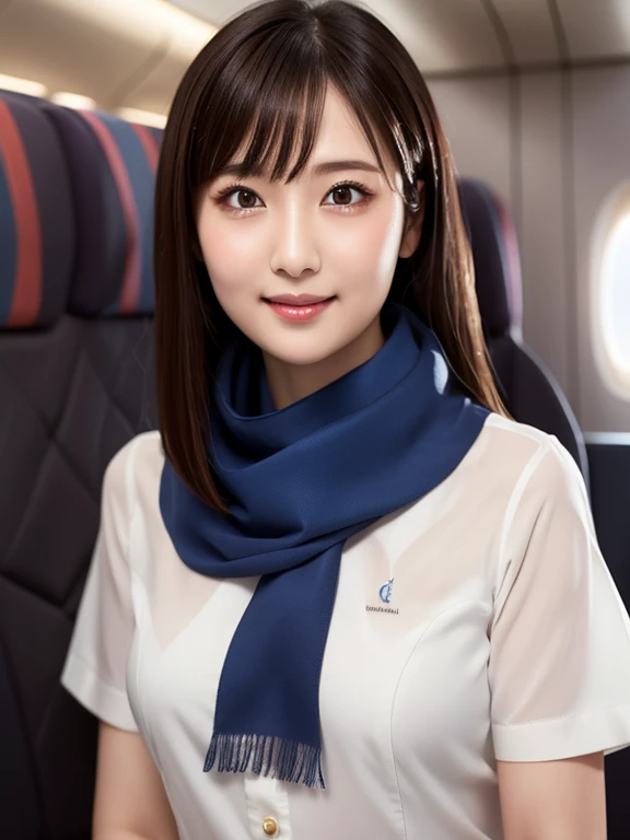 (Realistic:1.3), In detail, quality, Rembrandt Lighting, (masterpiece:1.2), (photoRealistic:1.2), (best quality), (Detailed skin:1.3), (Intricate details), dramatic, Ray Tracing, One girl, Japanese Girls,31 years old,cute、若い顔 Detailed skin texture, (blush:0.5),  smile, Medium chest, Roll Up Hair,Even bangs,  （ANA uniform:1.4）（ANA Uniforms:1.4）, Gray Uniform, (Blue Shirt:1.2), (Blue neck scarf:1.3), whole body, (Brightly lit, airplane cabin),   