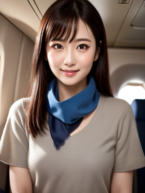 (Realistic:1.3), In detail, quality, Rembrandt Lighting, (masterpiece:1.2), (photoRealistic:1.2), (best quality), (Detailed skin:1.3), (Intricate details), dramatic, Ray Tracing, One girl, Japanese Girls,31 years old,cute、若い顔 Detailed skin texture, (blush:0.5),  smile, Medium chest, Roll Up Hair,Even bangs,  （ANA uniform:1.4）（ANA Uniforms:1.4）, Gray Uniform, (Blue Shirt:1.2), (Blue neck scarf:1.3), whole body, (Brightly lit, airplane cabin),   