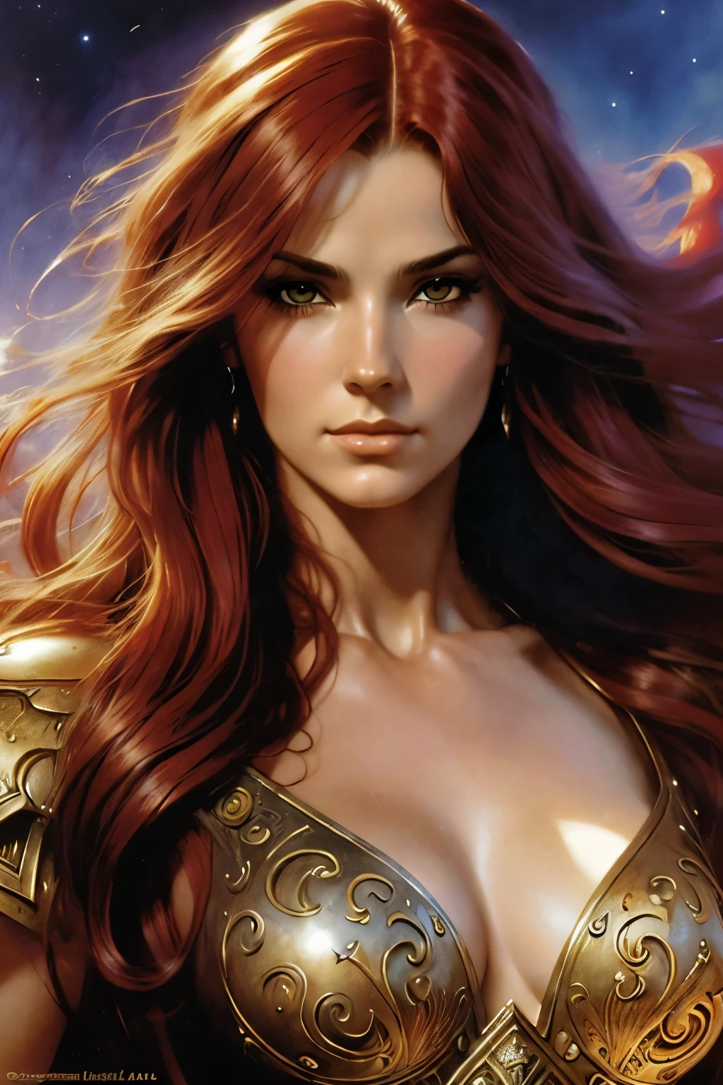((realistic:1.5)),((best quality)), ((masterpiece)),((detailed))a powerful sorcerous woman, beautiful, long red hair, stern, by Frank Frazetta, by Luis Royo, by boris vallejo,