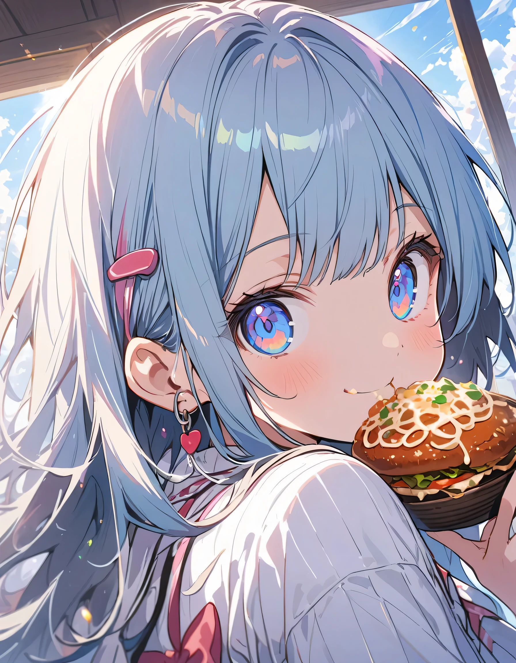 (1 girl)、(Eating spaghetti Napolitana skillfully using a fork)、(Extremely detailed Neapolitan)、Inside the cafe at noon、Smiling、(highest quality、masterpiece、High resolution、detailed)、anime style、Flat Style、(iridescent eyes,Beautiful Face),extremely detailed、floating, (High saturation), Sunshine from the window, (Shine), Focus on Neapolitan, Dynamic Angle、anime