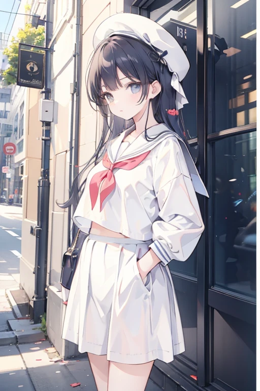 girl,  sailor suit, preated skirt, wearing a skirt over short white frill Petit Pants 