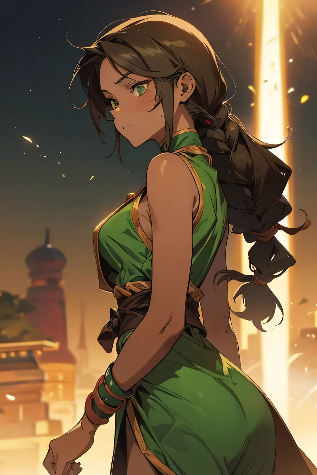 Earthbender human woman with tanned skin. She is a 16-year-old teenager with green eyes and green clothing. Her hair is brown in a just ONE braid. She is beautiful and her skin is dark in color. Her skin is slightly dark. Earthbender. Tsundere face. Beatifule