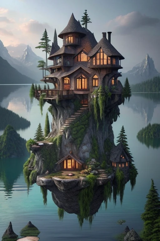 arafed house on a rock in the middle of a lake, very close to real nature, lake house, very high detailed, fantasy setting, build in a forest near of a lake, beautiful rendering, floating island, incredibly high detailed, very very high detailed, beatiful house, fantasy house, beautiful place, beautiful detailed scene, beautiful artist rendering, incredibly beautiful