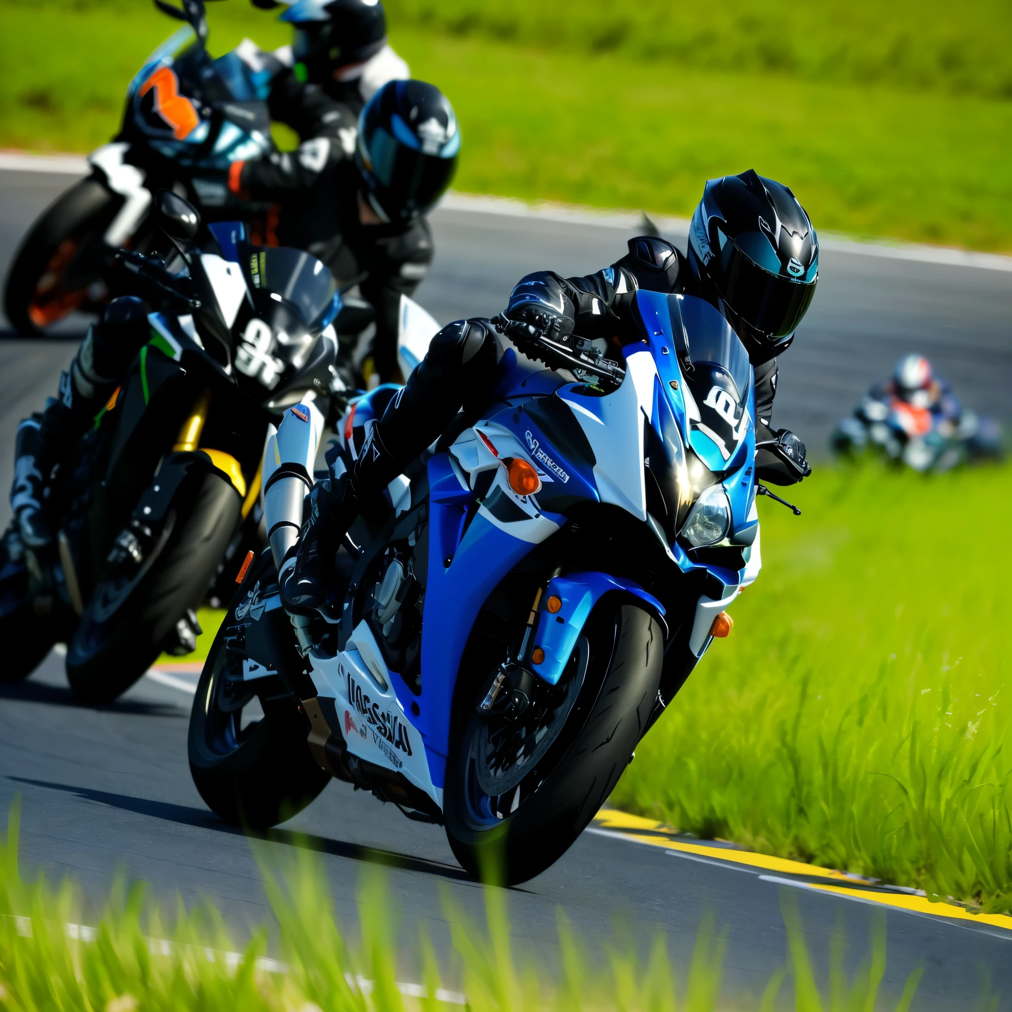 there are two people riding motorcycles on a race track, touring, riding, racing, beginner, r6, kawasaki, motorbike, inspiring, hero, screen capture, capture, photo mid shot, 2 0 1 1, 2011, photo - shot, edited, medium closeup, photographed, by David Burton-Richardson, blue, 2010