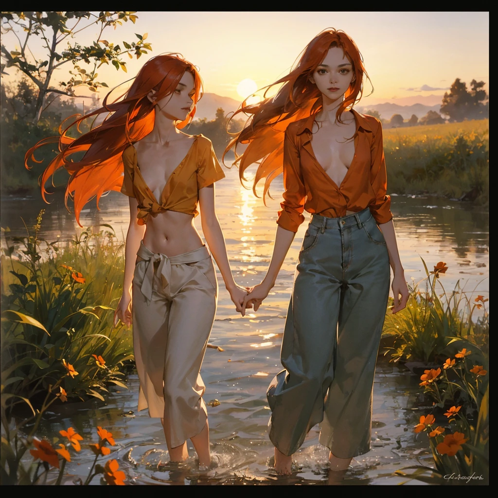 Beautiful slender thin exquisite (nude) girl 16 years old with a perfect face of the southern type with red hair with tender breasts with tender nipples barefoot with bare hips ((with red pubic hairs)) ((in an unbuttoned open orange shirt on a naked body and very wide long loose flared culottes)) coming (along the brick road) in the middle of a flowering field, in a gentle watercolor style, Discreet shades, sfumato, haze, diffused dim light, delicate mint shades, imitation of film photography, sunset lighting, Warm evening shades, warm golden and olive sunset light