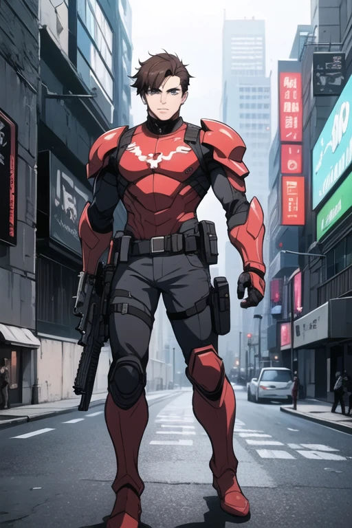 Mox Borden, ((best quality)), ((Masterpiece)), (detailed),((male,)) ((perfect face)) mox has brown hair,
((cyberpunk,)) ((green eyes,)) red tactical suit, red armor, red waist, white big symbol on the chest,
((two submachine gun in each hand,)) swat, tactical pants black, it's a man, ((male,))
has two futuristic guns in each hand, police, futuristic lightweight armor,
cute hair, black boots, solo, black belt, anime hair, holster, ((submachine gun,))
