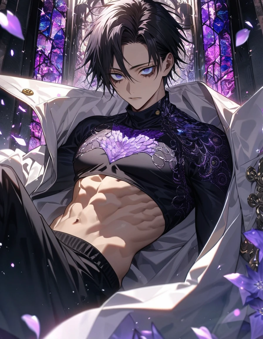 Ultra detailed, HDR, Highres, absurdres, master piece, Okkotsu Yuuta, expressive dark blue eyes, black hair, dark circles under the eyes, Jujutsu Kaisen, white long coat with patterns, black tight shirt, purple stained glass, purple ice, petals, purple ice flowers, sexy man, solo, extremely detailed face and eyes, extremely handsome, glittering, black pants, toned chest, dark glittering eyes,