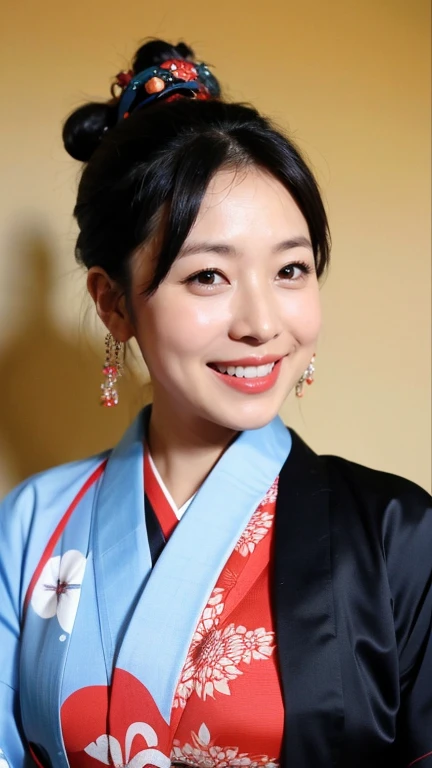 ((highest quality、8k、masterpiece:1.3))、Photoreal, sharp focus, High level image quality, High resolution,portrait, one person、Japanese、woman, beautiful woman, (((japanese kimono)))、30 years old, Plump, medium long hair,smile