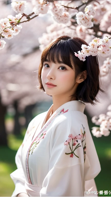 (logo、masterpiece、8k、Tabletop、RAW Photos、wonderful、最high quality、Realistic、Very detailed CG 統合 8k 壁紙、high quality、Very detailed、narrative poem、Particle Effects、Dynamic Effects、Depth of written boundary、Cinematic Light、Lens flare、Ray Tracing)、Fantasy、 (1 beauty、White kimono、Japan Dresses、White cherry blossom pattern、White cherry blossom embroidery pattern、Black-haired、Beautiful Face、True Face、Beautiful details in the eyes、Beautiful Skin)、Hair flutters in Wind、Hair bounces、Pink cherry blossom tree、Petals flutter、SakuraFubuki、wonderful景色、Morning Glow、Sun in the background、Wind、god々、tooth、god話、Vast land、