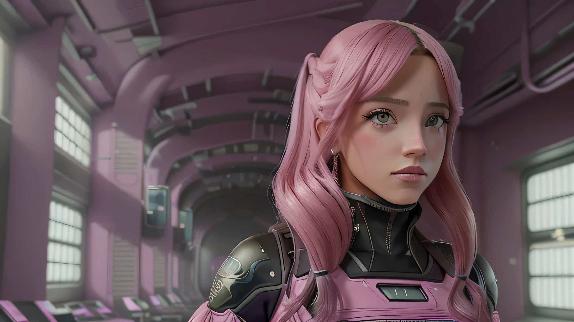 entorno pink. ciudad pink. Chica anime futuristica misteriosa. 8k. cinematica. luces neones. 4k. alta calidad. Vestuario futuristico