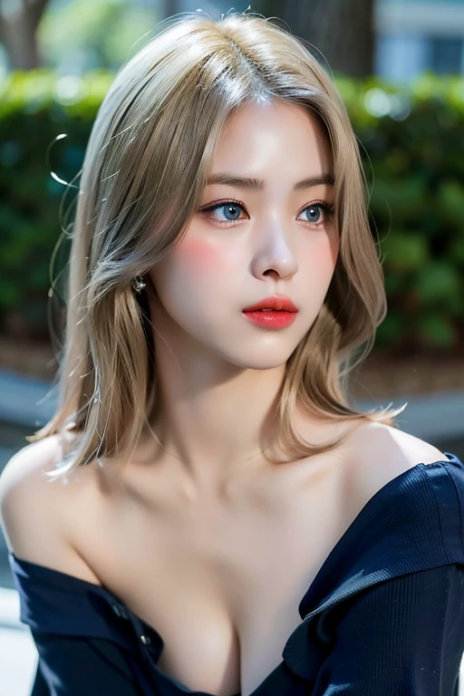 highest quality、masterpiece、超A high resolution、(Photorealistic:1.4)、RAW Photos、One girl、Blonde、blue eyes、Eyes and facial details、((Off the shoulder、Too much exposed skin、Cleavage Emphasis))