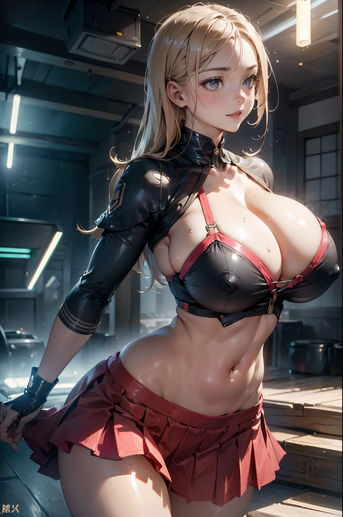 (best quality,4K,8k,high resolution,masterpiece:1.2),Super detailed,(actual,Realistically:1.37),High Dynamic Range,Ultra HD,Studio Lighting,very good,Be focused,Physically Based Rendering,Extremely detailed description,professional,Fear,Japanese Manga,Storm,photography,Concept Artist, Close-up of woman in skirt and shirt, White skin, huge , Crazy breast swelling, Chest larger than shoulder blades, Big breasts and thin waist, Pelvis larger than shoulder blades, fitness model, blush, a smile, breathe,(huge breasts:1.2),Hydrated skin((rogue))cool atmosphere((非常huge乳房)),((Grooves reveal original skin))
