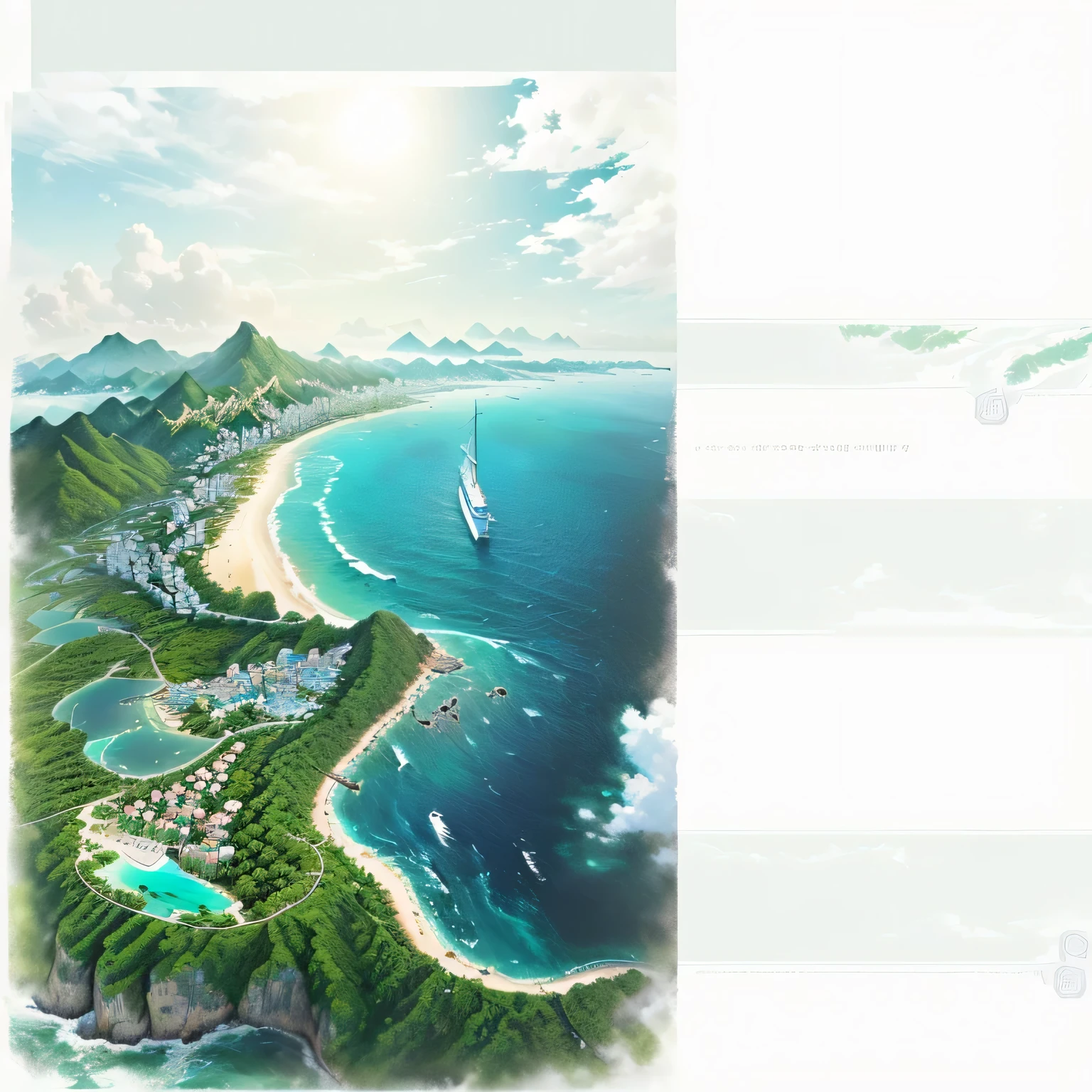 There is a photo of a tropical island, Detailed scenery —width 672, Digital Rendering, Aerial illustration, coastalline, Background of Fuxing Port City, Detailed screenshots, coastal, sun coastal, Guangjian, author:Yang Borun, Aerial View, Aerial View, Eye level view, illustration, Aerial View