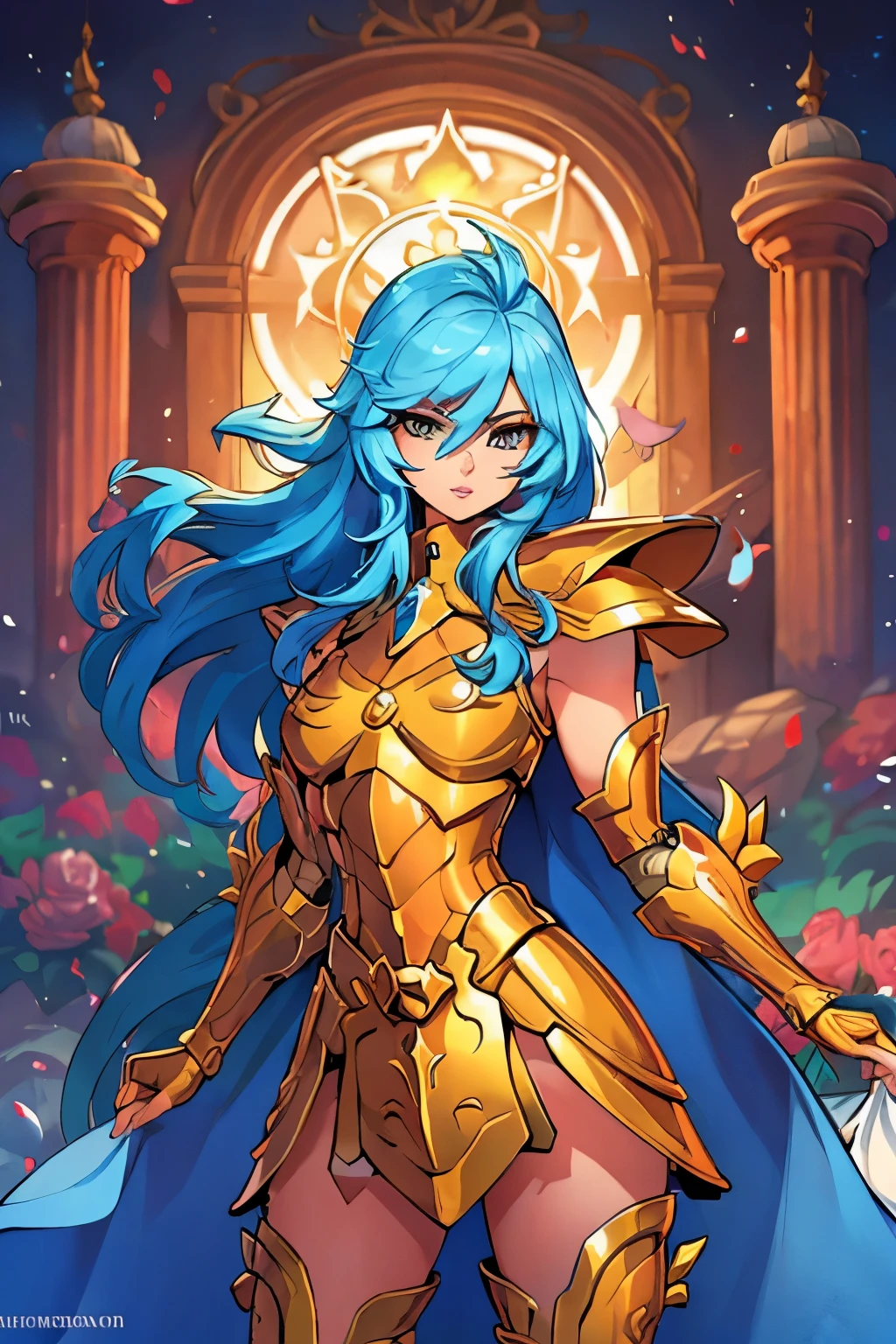 obra maestra, Mejor calidad, obra maestra, cara detallada, ojos detallados, cuerpo completo, 1 chica, pelo azul, pelo largo, blue hair, long hair, red lips, armadura de bikini femenina, gold armour,gemas aguamarina, rosa en la boca, templo griego, rosas en el suelo,