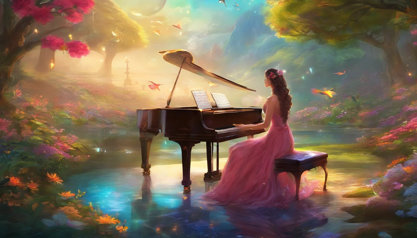 uma pessoa tocando piano no meio de um jardim, com flores coloridas, borboletas, and crystal clear water, 8K resolution.