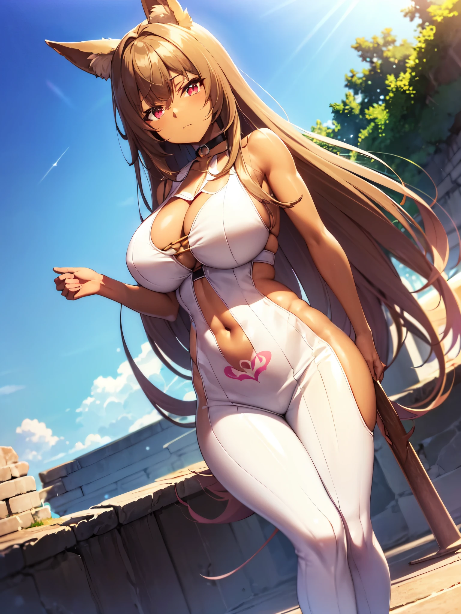 masterpiece, best quality, extremely detailed, 1girl, milf, solo, (dark skin:2), keyaru-mtf, (huge breasts:1.3), ((((brown hair), long hair, bangs, red eyes, fox ears))), blue lips, (((choker, latex bodysuit, center opening, navel, womb tattoo, showgirl skirt, pink bodysuit))), ((expressionless), closed mouth), ((forest, winter, ancient ruins))