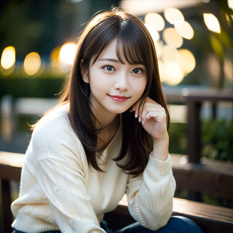 Japanese girl in casual clothes、Looking at the audience、Pose with a smile(highest quality、masterpiece)))、High resolution、Very detailed、masterpiece、Cinema lighting、(8k、highest quality、masterpiece:1.2)、(Realistic、Photorealistic:1.37) High Resolution、Ultra-detailed、1 Female 、Nogizaka, Cute face, solo,  Textured skin:1.2, Beautiful smile,  Detailed Cafe, night, Cinema lighting,  Lens flare light、Sit on、Date、(A shy smile:1.2)、Medium Chest、Beautifully detailed eyes、(sweater:1.1)、night、From the waist up:1.2