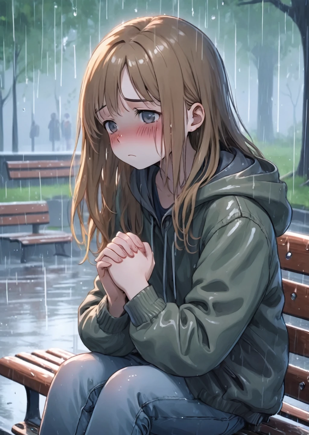 A girl sits on a bench、Wet and sad crying in close-up、Rainy day in a park with a gradient